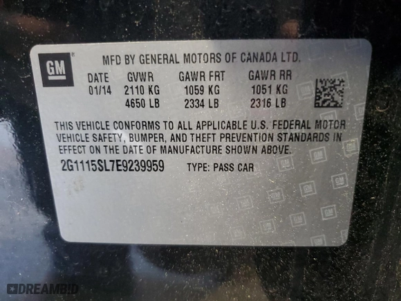2014 Chevrolet Impala LT with VIN 2G1115SL7E9239959, listed as a Copart auction lot 52495215 with 158,832 mi miles and Salvage Title. Bid and sale history available at carsss.com. Image 12.