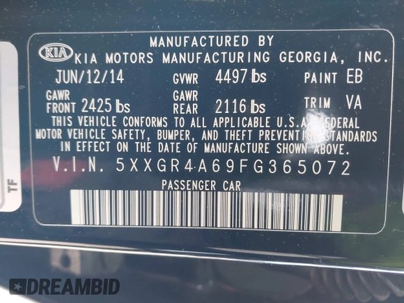 2015 Kia Optima SX Turbo with VIN 5XXGR4A69FG365072, listed as a IAAI auction lot 42295872 with 121,269 mi miles and . Bid and sale history available at DreamBid. Image 9.