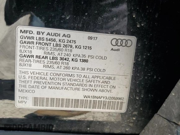 2018 Audi Q5 Premium Plus with VIN WA1BNAFY3J2059962, listed as a Copart auction lot 63822575 with 96,285 mi miles and Salvage title. Bid and sale history available at DreamBid. Image 12.