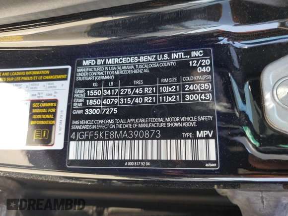 2021 Mercedes-Benz GLS 450 with VIN 4JGFF5KE8MA390873, listed as a Copart auction lot 58944395 with 47,115 mi miles and Salvage title. Bid and sale history available at DreamBid. Image 14.