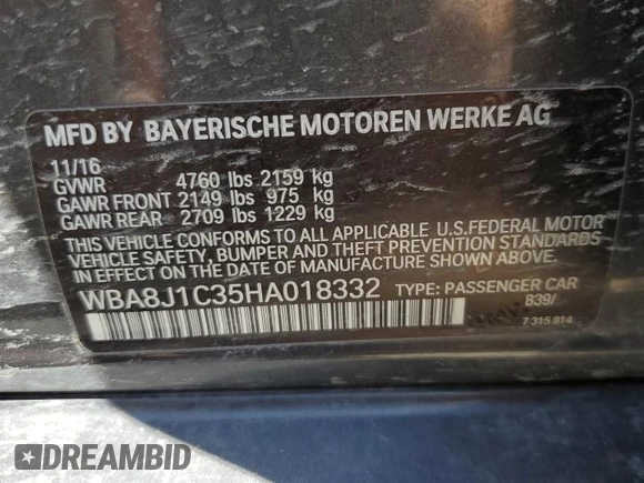 2017 BMW 3 Series 328d xDrive with VIN WBA8J1C35HA018332, listed as a Copart auction lot 56488104 with 98,741 mi miles and Salvage title. Bid and sale history available at DreamBid. Image 12.