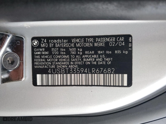 2004 BMW Z4 2.5i with VIN 4USBT33594LR67682, listed as a Copart auction lot 86858464 with 93,332 mi miles and Salvage Title. Bid and sale history available at carsss.com. Image 12.