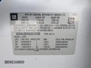 2012 Chevrolet Equinox LT w/1LT with VIN 2GNALDEK9C6210726, listed as a IAAI auction lot 41437525 with 154,464 mi miles. Bid and sale history available at carsss.com. Image 9.