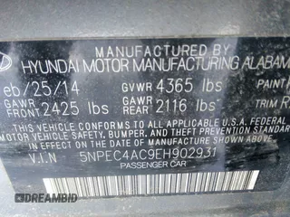 2014 Hyundai Sonata SE with VIN 5NPEC4AC9EH902931, listed as a IAAI auction lot 41594115 with 50,221 mi miles and . Bid and sale history available at DreamBid. Image 9.