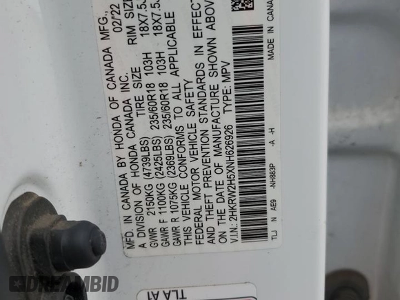 2022 Honda CR-V EX z VIN 2HKRW2H5XNH626926, wystawiony jako Copart lot #47396295 z przebiegiem 59 570 mil mil oraz Szkoda całkowita • Salvage title. Historia ofert i sprzedaży dostępna na DreamBid. Obrazek 13.