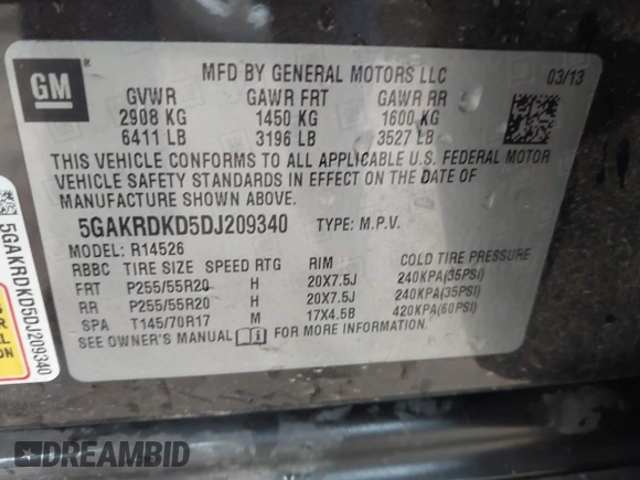 2013 Buick Enclave Premium with VIN 5GAKRDKD5DJ209340, listed as a IAAI auction lot 41602506 with 184,669 mi miles and . Bid and sale history available at DreamBid. Image 9.