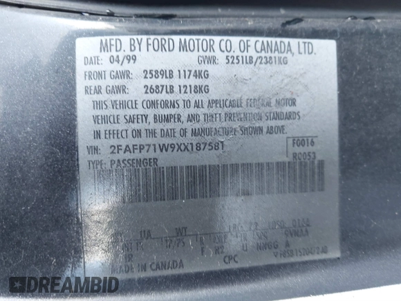 1999 Ford Crown Victoria Police с VIN 2FAFP71W9XX187581, выставлен на аукционе IAAI как лот 41522223 с пробегом 94 889 миль миль и . История ставок и продаж доступна на DreamBid. Изображение 9.