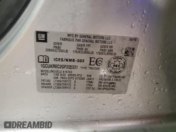 2016 Chevrolet Silverado 1500 LT with VIN 1GCUKREC2GF205331, listed as a Copart auction lot 46349495 with 102,972 mi miles and Clean Title. Bid and sale history available at DreamBid. Image 12.