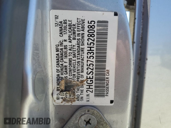 2003 Honda Civic EX with VIN 2HGES25753H528085, listed as a Copart auction lot 60356514 with Not Provided miles and Salvage Title. Bid and sale history available at DreamBid. Image 12.