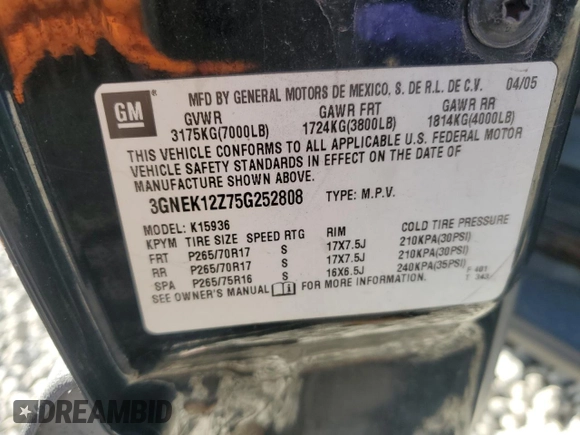 2005 Chevrolet Avalanche Z71 with VIN 3GNEK12Z75G252808, listed as a Copart auction lot 52259285 with Not provided miles and Clean title. Bid and sale history available at DreamBid. Image 12.