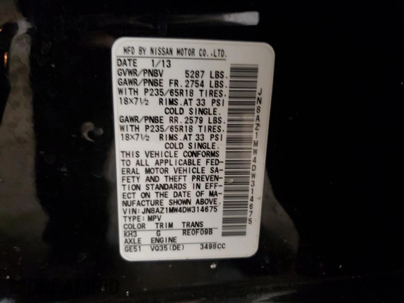 2013 Nissan Murano SV with VIN JN8AZ1MW4DW314675, listed as a Copart auction lot 46052455 with 170,319 mi miles and Clean Title. Bid and sale history available at carsss.com. Image 13.