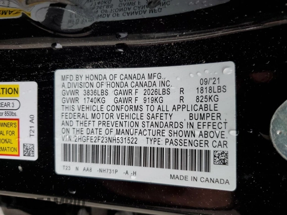 2022 Honda Civic Sedan LX with VIN 2HGFE2F23NH531522, listed as a Copart auction lot 49177255 with 54,764 mi miles and Salvage Title. Bid and sale history available at carsss.com. Image 12.