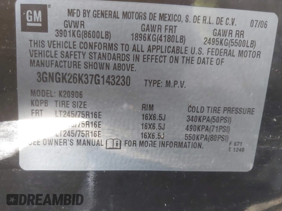 2007 Chevrolet Suburban LT with VIN 3GNGK26K37G143230, listed as a IAAI auction lot 41742956 with Not Provided miles and . Bid and sale history available at DreamBid. Image 9.