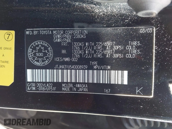 2004 Lexus RX 330 with VIN JTJHA31U540008939, listed as a IAAI auction lot 42280520 with 399,738 mi miles and . Bid and sale history available at DreamBid. Image 9.