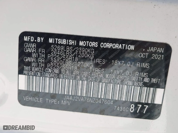2022 Mitsubishi Outlander PHEV SEL with VIN JA4J2VA76NZ047604, listed as a IAAI auction lot 41780400 with 27,446 mi miles. Bid and sale history available at carsss.com. Image 9.