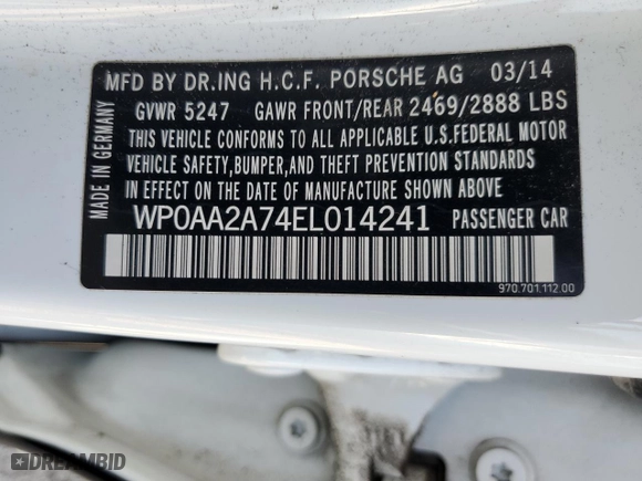 2014 Porsche Panamera with VIN WP0AA2A74EL014241, listed as a Copart auction lot 46276785 with 56,438 mi miles and Salvage Title. Bid and sale history available at carsss.com. Image 12.