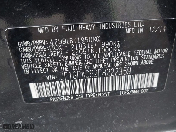 2015 Subaru Impreza Wagon 2.0i Premium with VIN JF1GPAC62F8222359, listed as a IAAI auction lot 41634087 with 70,239 mi miles. Bid and sale history available at carsss.com. Image 9.