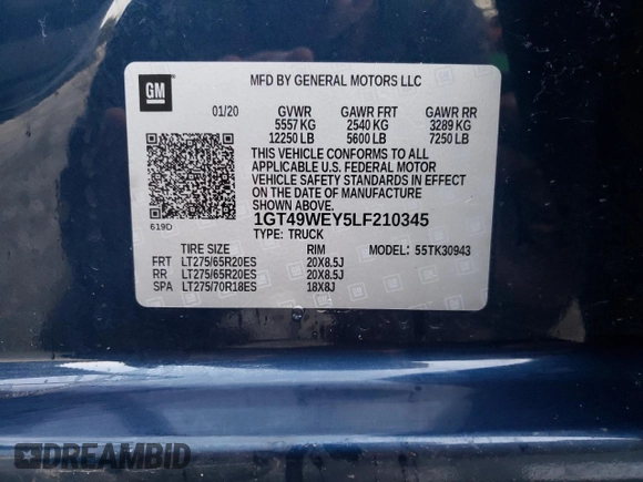 2020 GMC Sierra 3500HD Denali z VIN 1GT49WEY5LF210345, wystawiony jako Copart lot #89412745 z przebiegiem 20 328 mil mil oraz Szkoda całkowita • Salvage title. Historia ofert i sprzedaży dostępna na DreamBid. Obrazek 12.