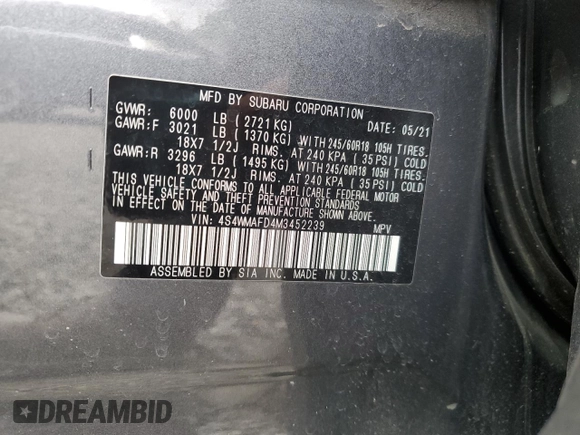 2021 Subaru Ascent Premium with VIN 4S4WMAFD4M3452239, listed as a Copart auction lot 55320725 with 57,320 mi miles and Salvage title. Bid and sale history available at DreamBid. Image 13.