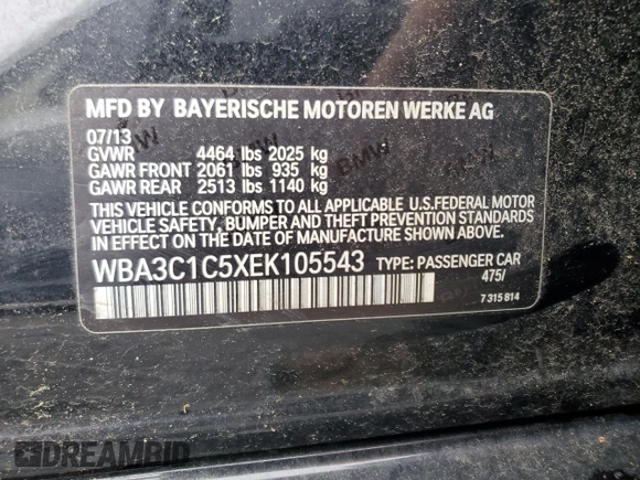 2014 BMW 3 Series 328i with VIN WBA3C1C5XEK105543, listed as a Copart auction lot 58548015 with 156,721 mi miles and Salvage title. Bid and sale history available at DreamBid. Image 12.