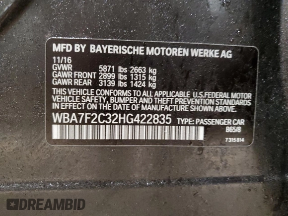 2017 BMW 7 Series ALPINA B7 xDrive with VIN WBA7F2C32HG422835, listed as a Copart auction lot 50741885 with 130,607 mi miles and Non repairable. Bid and sale history available at DreamBid. Image 13.