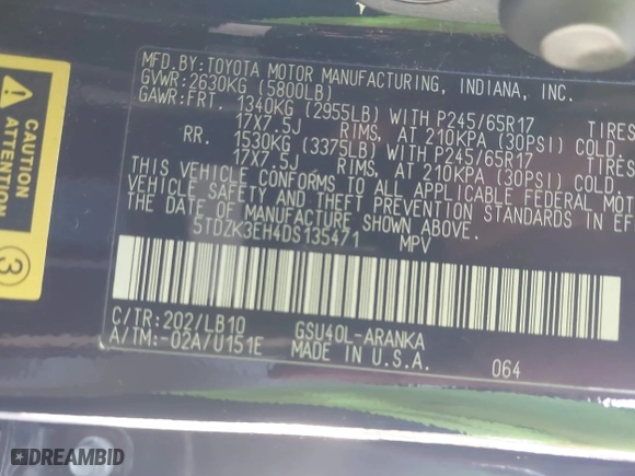 2013 Toyota Highlander with VIN 5TDZK3EH4DS135471, listed as a IAAI auction lot 41746204 with 117,922 mi miles. Bid and sale history available at carsss.com. Image 9.