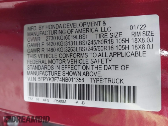 2022 Honda Ridgeline RTL-E with VIN 5FPYK3F74NB011358, listed as a IAAI auction lot 41431157 with 26,116 mi miles and . Bid and sale history available at DreamBid. Image 9.