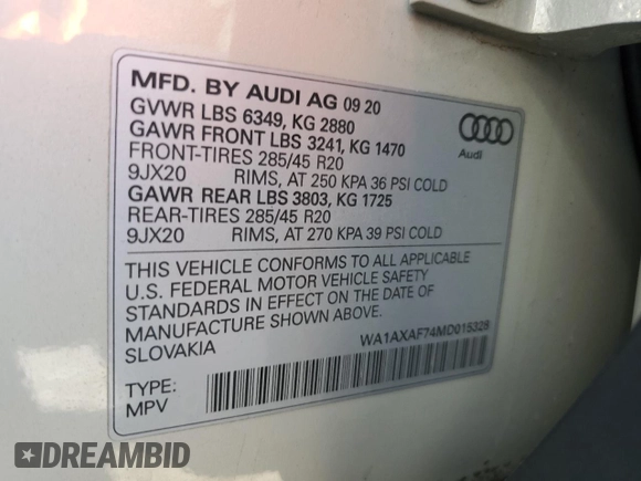 2021 Audi Q7 Premium with VIN WA1AXAF74MD015328, listed as a Copart auction lot 75545144 with 65,854 mi miles and Salvage title. Bid and sale history available at DreamBid. Image 14.