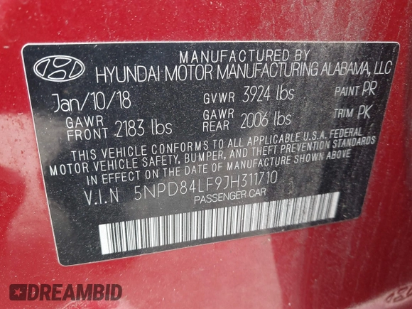 2018 Hyundai Elantra SEL with VIN 5NPD84LF9JH311710, listed as a IAAI auction lot 41680156 with 107,269 mi miles and . Bid and sale history available at DreamBid. Image 9.