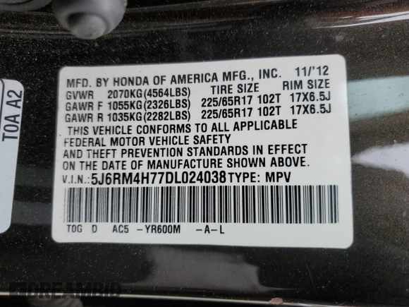 2013 Honda CR-V EX-L z VIN 5J6RM4H77DL024038, wystawiony jako Copart lot #55598335 z przebiegiem 99 753 mil mil oraz Szkody całkowita. Historia ofert i sprzedaży dostępna na DreamBid. Obrazek 13.