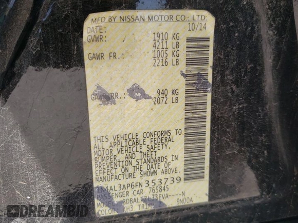 2015 Nissan Altima S with VIN 1N4AL3AP6FN353739, listed as a Copart auction lot 56189245 with 166,611 mi miles and Salvage Title. Bid and sale history available at DreamBid. Image 12.