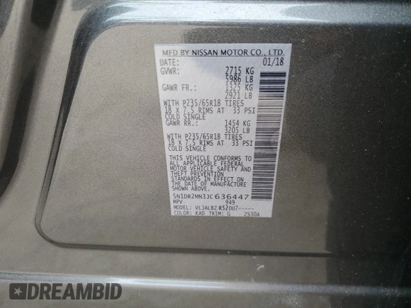 2018 Nissan Pathfinder SL with VIN 5N1DR2MN3JC636447, listed as a Copart auction lot 80067074 with 124,556 mi miles and Non Repairable. Bid and sale history available at carsss.com. Image 14.