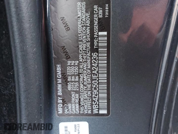 2018 BMW M4 with VIN WBS4Z9C50JEA24236, listed as a Copart auction lot 84741504 with Not provided miles and Salvage title. Bid and sale history available at DreamBid. Image 13.