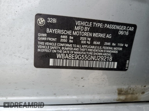 2016 BMW 3 Series 328i with VIN WBA8E9G55GNU29218, listed as a Copart auction lot 44810785 with 0 mi miles and Salvage Title. Bid and sale history available at carsss.com. Image 14.