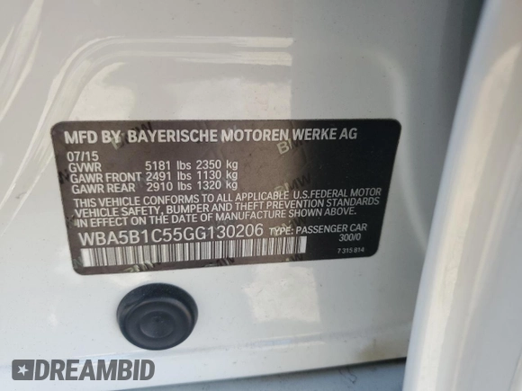 2016 BMW 5 Series 535i with VIN WBA5B1C55GG130206, listed as a Copart auction lot 46902825 with 162,019 mi miles and Clean Title. Bid and sale history available at DreamBid. Image 12.