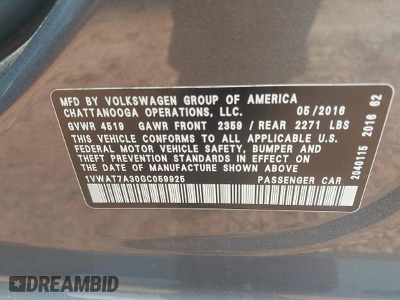 2016 Volkswagen Passat S with VIN 1VWAT7A30GC059925, listed as a IAAI auction lot 42291868 with 74,839 mi miles and . Bid and sale history available at DreamBid. Image 9.
