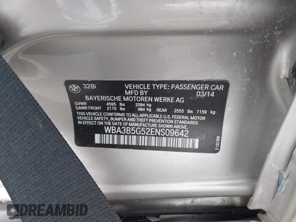 2014 BMW 3 Series 328i xDrive with VIN WBA3B5G52ENS09642, listed as a IAAI auction lot 41703927 with 109,402 mi miles and . Bid and sale history available at DreamBid. Image 9.
