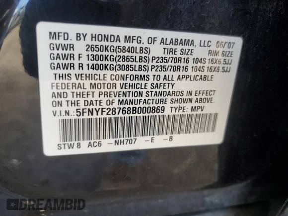 2008 Honda Pilot EX-L with VIN 5FNYF28768B000869, listed as a Copart auction lot 45556135 with 183,496 mi miles and Salvage Title. Bid and sale history available at DreamBid. Image 13.