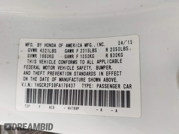 2015 Honda Accord Sport with VIN 1HGCR2F59FA176437, listed as a IAAI auction lot 42061031 with 106,069 mi miles and . Bid and sale history available at DreamBid. Image 9.