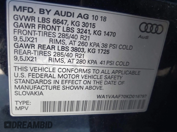 2019 Audi Q7 Prestige with VIN WA1VAAF70KD016797, listed as a IAAI auction lot 41722711 with 95,510 mi miles and . Bid and sale history available at DreamBid. Image 9.