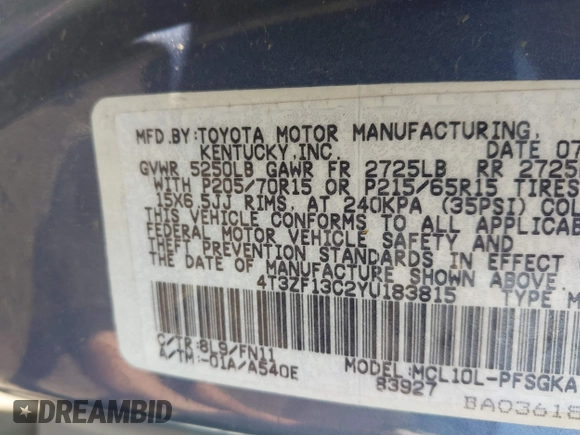 2000 Toyota Sienna LE with VIN 4T3ZF13C2YU183815, listed as a IAAI auction lot 42462319 with 217,175 mi miles and . Bid and sale history available at DreamBid. Image 9.