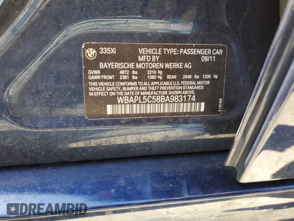 2011 BMW 3 Series 335i xDrive with VIN WBAPL5C58BA983174, listed as a Copart auction lot 53597015 with 216,656 mi miles and Clean title. Bid and sale history available at DreamBid. Image 12.
