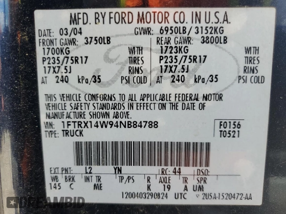 2004 Ford F-150 STX z VIN 1FTRX14W94NB84788, wystawiony jako Copart lot #55347125 z przebiegiem 197 935 mil mil oraz Szkoda całkowita • Salvage title. Historia ofert i sprzedaży dostępna na DreamBid. Obrazek 12.