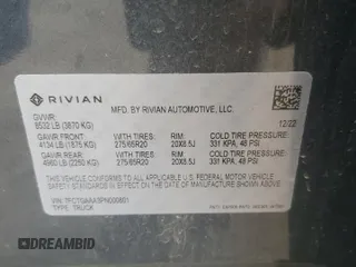 2023 Rivian R1T Adventure with VIN 7FCTGAAA3PN000801, listed as a Copart auction lot 51600895 with 19,486 mi miles and Salvage Title. Bid and sale history available at carsss.com. Image 14.
