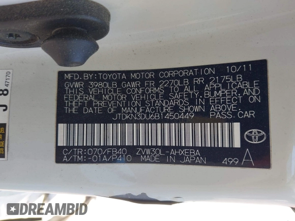 2011 Toyota Prius I with VIN JTDKN3DU6B1450449, listed as a IAAI auction lot 41983701 with 220,041 mi miles and . Bid and sale history available at DreamBid. Image 9.