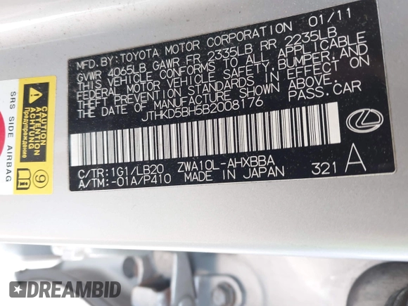 2011 Lexus CT 200h with VIN JTHKD5BH5B2008176, listed as a IAAI auction lot 42463804 with 184,786 mi miles and . Bid and sale history available at DreamBid. Image 9.