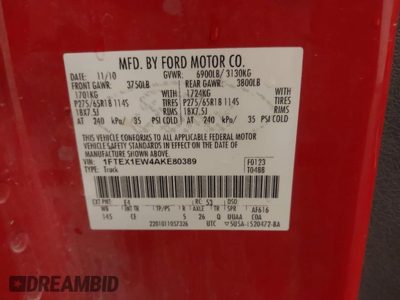 2010 Ford F-150 XL with VIN 1FTEX1EW4AKE80389, listed as a IAAI auction lot 41257745 with 214,968 mi miles. Bid and sale history available at carsss.com. Image 9.