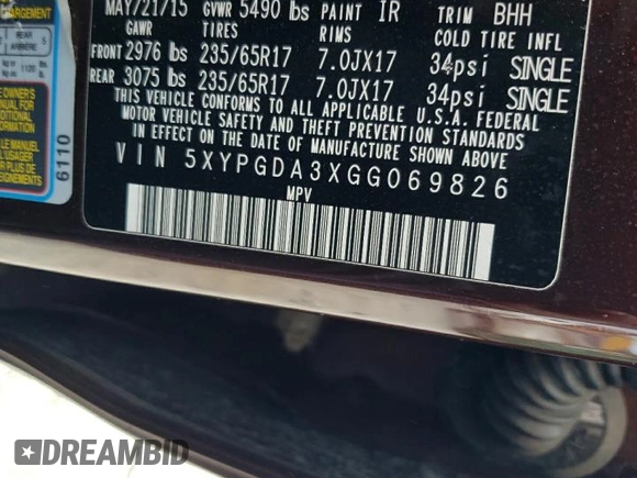 2016 Kia Sorento LX with VIN 5XYPGDA3XGG069826, listed as a Copart auction lot 54824995 with 129,914 mi miles and Salvage Title. Bid and sale history available at DreamBid. Image 13.