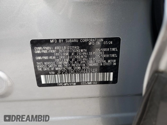 2025 Subaru Forester Limited with VIN JF2SLDRC0SH449348, listed as a Copart auction lot 60106905 with 3,909 mi miles and Salvage title. Bid and sale history available at DreamBid. Image 13.