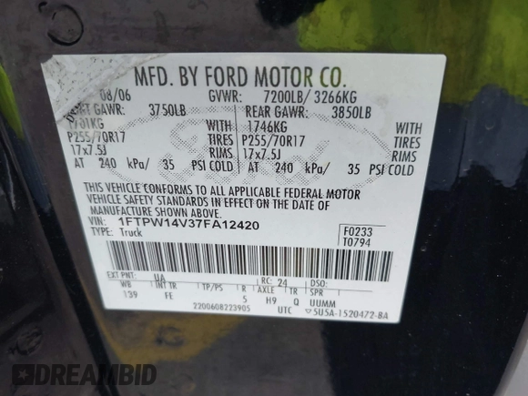 2007 Ford F-150 XLT with VIN 1FTPW14V37FA12420, listed as a IAAI auction lot 42800454 with 157,454 mi miles and . Bid and sale history available at DreamBid. Image 9.